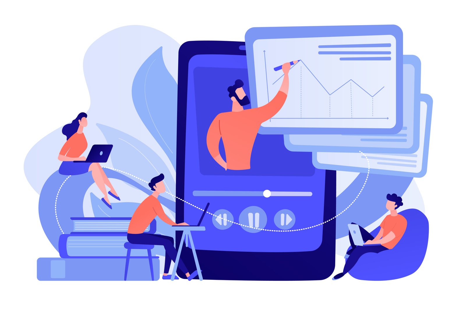 Estudiantes viendo una clase grabada con el profesor hablando desde una tablet